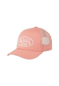 Gorra de béisbol de malla rosa con visera curva, que presenta un logotipo bordado en blanco en la parte delantera y paneles de malla a los lados para ventilación.