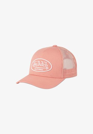 Casquette de baseball en mesh rose avec un bord incurvé, comportant un logo brodé blanc à l'avant et des panneaux latéraux en mesh pour la ventilation.