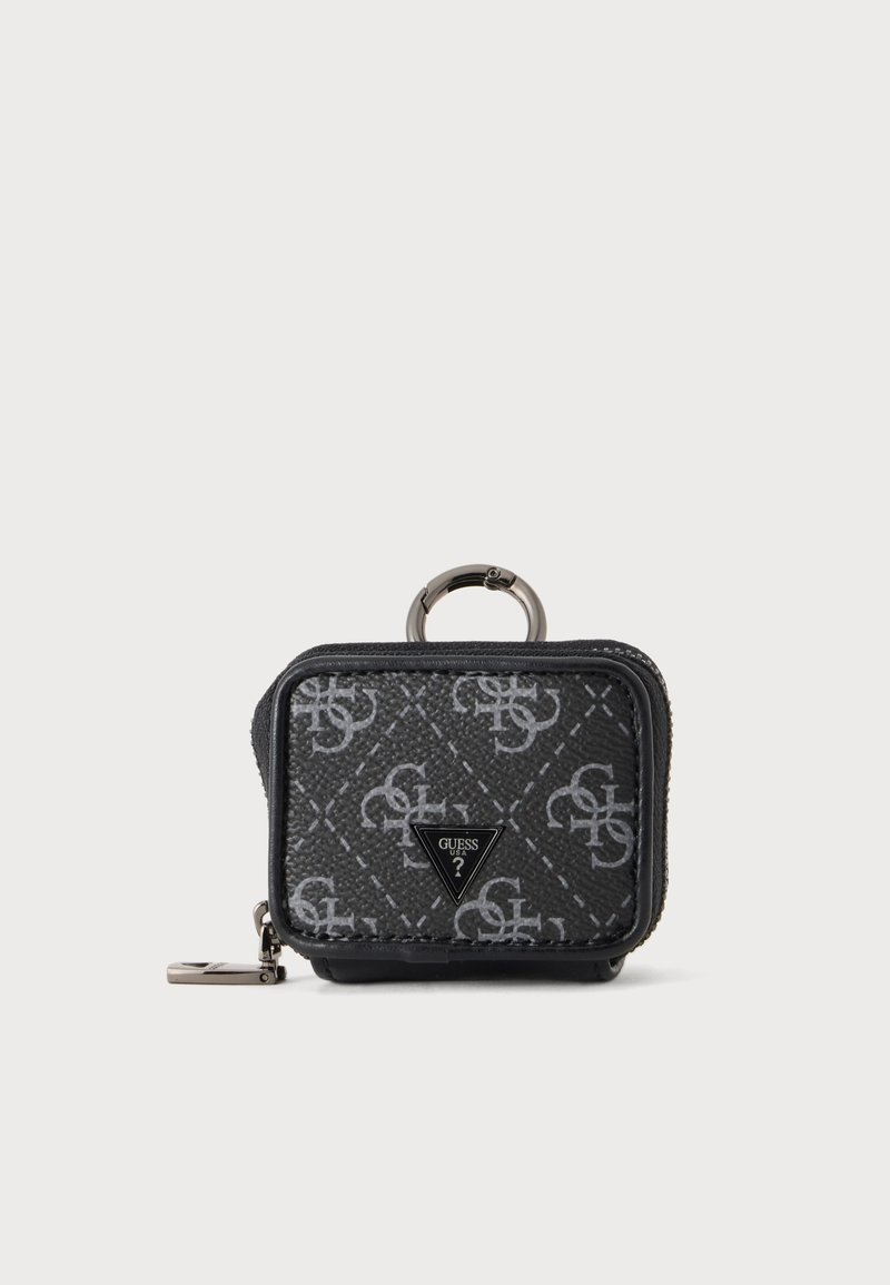 Petit étui zippé Guess noir et gris à motif avec un porte-clés en métal sur le dessus et une languette pour tirette latérale.