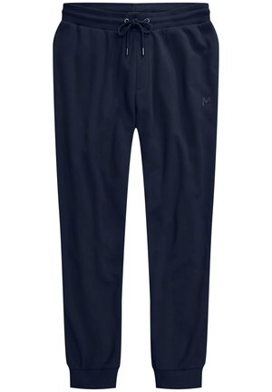 Farkinsin navy siniset urheiluhousut, jotka on valmistettu pehmeästä materiaalista; niissä on joustava vyötärö, naru ja ribbireunat; mukana myös logotieto lahkeessa.