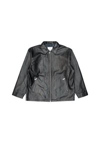 Giubbotto di pelle nera con colletto, zip frontale e due tasche laterali con zip. Texture liscia e vestibilità leggermente rilassata.