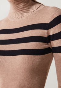 Primo piano di un maglione beige a collo alto a coste con tre righe orizzontali nere sul petto e sulle maniche.