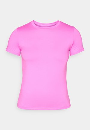 Rosa Kurzarm-T-Shirt aus glattem, dehnbarem Stoff. Verfügt über einen klassischen Rundhalsausschnitt und nahtlose Schultern.