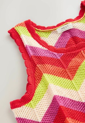 Strik tanktop med et chevronmønster i rød, pink, grøn, orange og creme samt bølgede kanter på kraven og ærmegab.