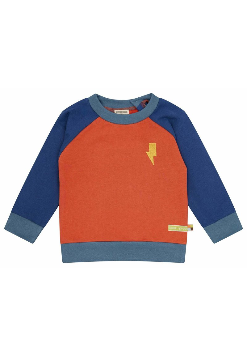Felpa arancione e blu con maniche lunghe. Presenta una stampa a saetta gialla sul petto e un colletto e polsini a coste.