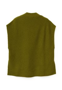 Zelený pletený pulovr s vysokým límcem a širokými rukávy. Textura je na bocích žebrovaná a má hladký vzor na těle.