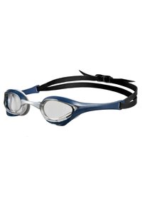 Occhialini da nuoto con una montatura blu navy, lenti trasparenti e un cinturino regolabile nero. Progettati per comfort e una vestibilità sicura.