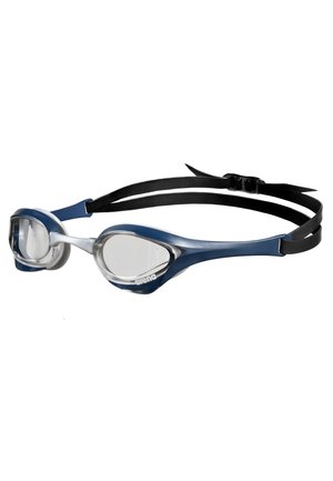 Schwimmbrille mit einem marineblauen Rahmen, klaren Gläsern und einem verstellbaren schwarzen Riemen. Entwickelt für Komfort und einen sicheren Sitz.