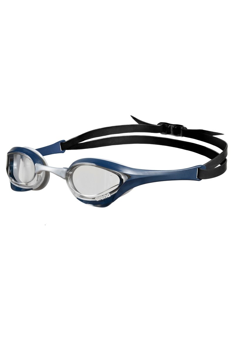 Occhialini da nuoto con una montatura blu navy, lenti trasparenti e un cinturino regolabile nero. Progettati per comfort e una vestibilità sicura.