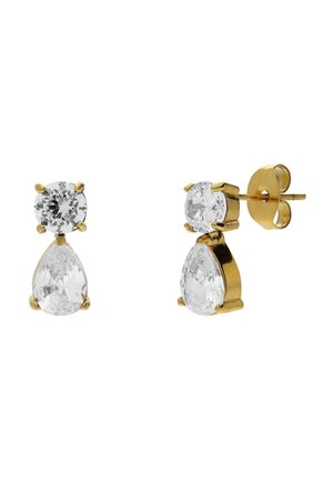 Gouden oorbellen met stekers, elk met een ronde witte edelsteen boven een peervormige witte edelsteen in gouden zetting.