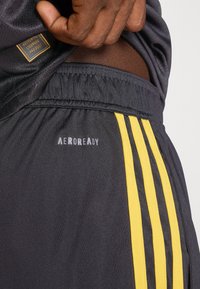 Μαύρα αθλητικά σορτς με κίτρινες κάθετες ρίγες. Περιλαμβάνει λογότυπο "AEROREADY" και υφασμάτινη ζώνη. Το υλικό φαίνεται ελαφρύ και ευέλικτο.