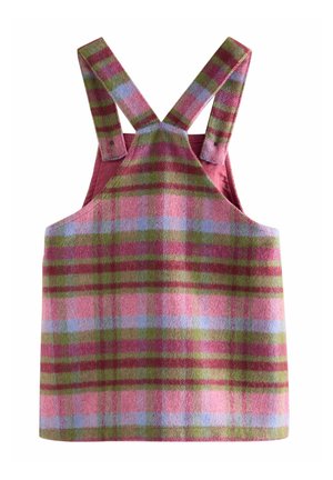 Karo-Kleid mit einer Farbpalette aus Pink, Grün und Blau, aus einem weichen, strukturierten Stoff und mit überkreuzten Trägern am Rücken.