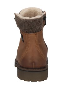 Braune Leder-Ankle-Boots mit einem wollenen Kragen, seitlichem Reißverschluss, strukturiertem Außensohlen und detaillierter Naht. Gefüttert mit weichem, cremefarbenem Material.