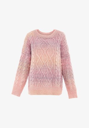 Pulover od prediva u kablovskom pletenju u gradijentnim ružičastim tonovima, s okruglim izrezom i dugim rukavima. Mekana tekstura s rebrastim rubom i manžetama.