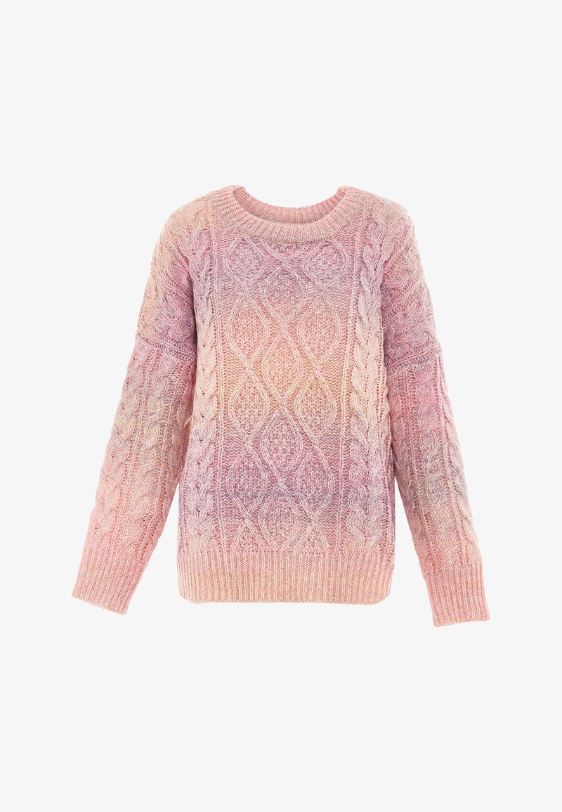 Kauluspaita, jossa on kaunis vaaleanpunainen gradienttikuvio, pyöreä pääntie ja pitkät hihat. Pehmeä materiaali, jossa on ribbaus helmassa ja hihojen päässä.