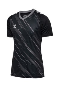Schwarzes Sporttrikot mit grauen diagonalen Streifen, kurzen Ärmeln, grauem V-Ausschnitt und weißem Hummel-Logo auf Brust und Schultern.