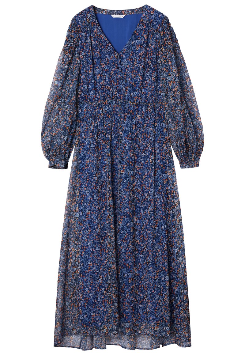 Robe florale bleue en tissu léger, présentant un décolleté en V, de longues manches bouffantes et un design fluide, longueur cheville, avec une taille cintrée.