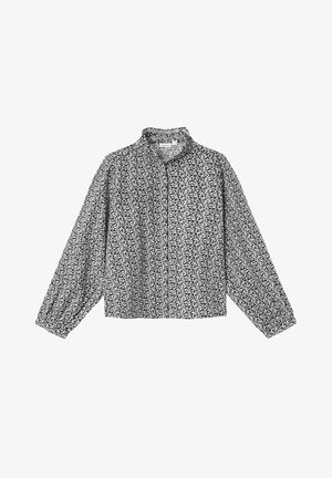 Črno-bela bluzica z dolgimi rokavi in cvetličnim vzorcem, zaobljenim ovratnikom, zapiranjem na gumb in elastiziranimi manšetami. Lahka tkanina.