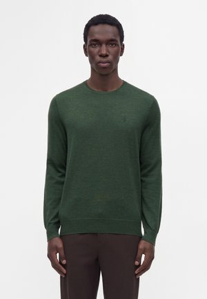 Homme debout, de face, portant un pull vert foncé à col rond et un pantalon marron foncé sur un fond uni clair.