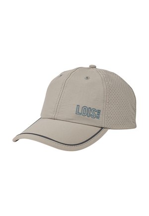 Gorra de béisbol beige con visera curva, presenta paneles laterales de malla, costuras en contraste de color azul y la palabra "LOIS" en azul en la parte frontal.