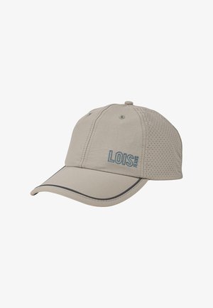 Gorra de béisbol beige con visera curva, presenta paneles laterales de malla, costuras en contraste de color azul y la palabra "LOIS" en azul en la parte frontal.