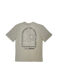 Light gray cotton t-shirt featuring a black graphic design on the back, including a sun, lines, and text elements in a bold font.