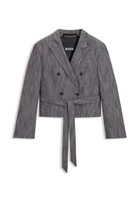 Blazer gris cintré à double boutonnage avec ceinture à nouer, en tissu texturé. Doté de larges revers et de boutons noirs. Étiquette de la marque à l'intérieur.