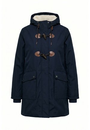 Cappotto invernale blu navy con cappuccio, chiusure a toggle e bottoni a pressione, due tasche frontali con pattina e una morbida fodera interna in pile bianco nel cappuccio.