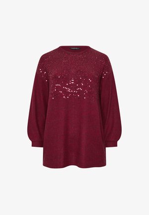 Maglione a maniche lunghe color bordeaux con scollatura rotonda, decorato con paillettes in un motivo sfumato all'altezza del petto, texture morbida, vestibilità comoda.