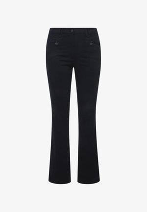 Mustat leveälahkeiset housut, jotka on valmistettu sileästä ja kestävästä kankaasta; niissä on kaksi etutaskua napilla kiinni ja hyvin istuva vyötärö.