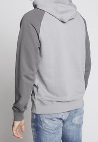 Grå hoodie med en tvåfärgad design med ljusare grå kropp och mörkare grå ärmar, tillverkad av ett mjukt material med en avslappnad passform.