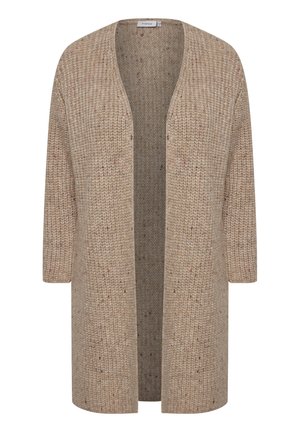 Pletený kardigan ve světle hnědé barvě s texturovaným vzorem a červenými skvrnami, s otevřeným předním designem a rukávy do tří čtvrtin.