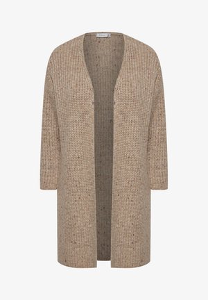 Strickjacke in einem hellbraunen Farbton mit strukturiertem Muster und roten Sprenkeln, offenem Design und Dreiviertelärmeln.