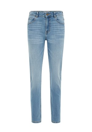 Light blue denim jeans with a straight leg design, five pockets, and a button closure. Fabric has a medium wash and slight fading details.