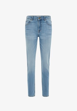 Hellblaue Denim-Jeans mit geradem Bein, fünf Taschen und Knopfverschluss. Der Stoff ist mittelgewaschen mit leichten Verblassungseffekten.