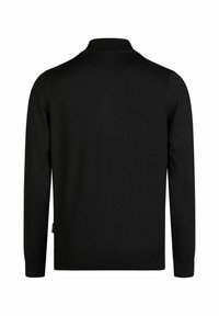 Schwarzer Strickpullover mit geripptem Kragen, langen Ärmeln und geradem Saum. Glatte Textur ohne sichtbare Muster oder Hardware.