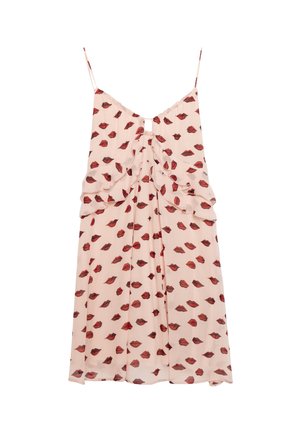 Vestido de satén en rosa pálido con patrones de labios rojos. Tiene tirantes finos, un escote en forma de llave en la parte posterior y detalles con volantes en el frente.
