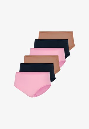 Sześć bezszwowych damskich majtek w naprzemiennych kolorach różowym, czarnym i brązowym ułożonych w przesunięty stos na białym tle.