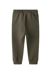 Olīvu zaļi sporta bikses, kas izgatavotas no mīksta auduma, ar elastīgu jostas vietu, sānu kabatām un ribinātām aprocēm pie potītēm.