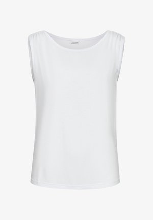 White sleeveless top made of a smooth, soft fabric with a rounded neckline and relaxed fit. Features gathered detailing at the shoulders.