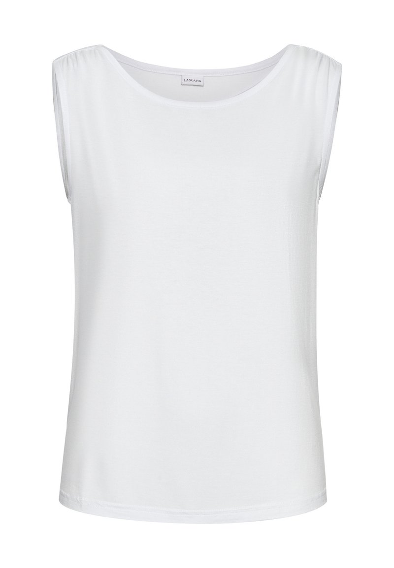 Weißes ärmelloses Oberteil aus einem glatten, weichen Stoff mit rundem Ausschnitt und lockerer Passform. Mit gerafften Details an den Schultern.