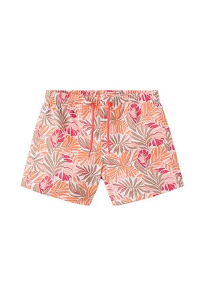 Pánske plavkové šortky s elastickým pásom a šnúrkou, s ružovým, oranžovým a béžovým tropickým listovým vzorom.