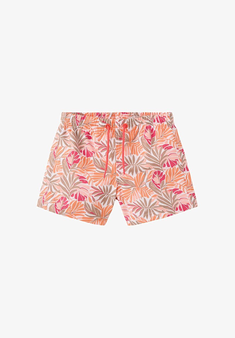 Short de bain homme avec taille élastique et cordon, motif feuilles tropicales rose, orange et beige.