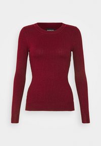 Ribbed, burgundy sweater with long sleeves and a round neckline. Soft texture, fitted design, and a smooth finish at the hem.