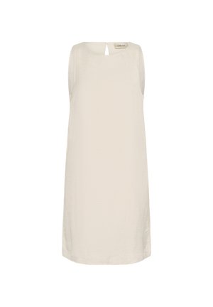 Crèmekleurige mouwloze jurk met een ronde halslijn, textuurstof en een sleutelgatdetail aan de achterkant. Eenvoudig, recht gesneden ontwerp.