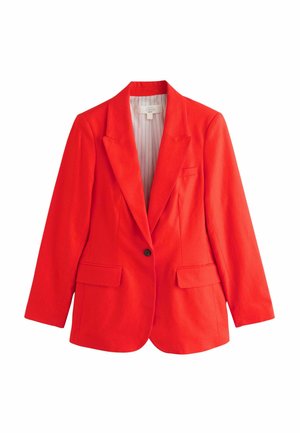 Felrode blazer met een enkele knoop, insnijdende revers, twee klepzakken en een gestreepte voering.