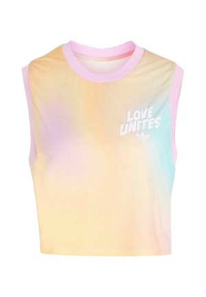 Mouwloze pastelkleurige gradient crop top met roze rand en witte tekst "LOVE UNITES" en klein logo aan de bovenlinkerkant.