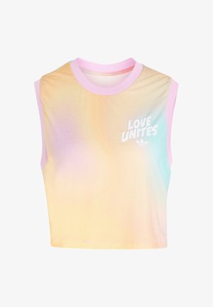 Mouwloze pastelkleurige gradient crop top met roze rand en witte tekst "LOVE UNITES" en klein logo aan de bovenlinkerkant.