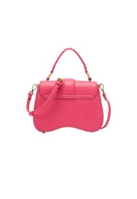 Borsa a mano in pelle rosa con un design strutturato, dotata di manico superiore, tracolla rimovibile e dettagli in metallo dorato.