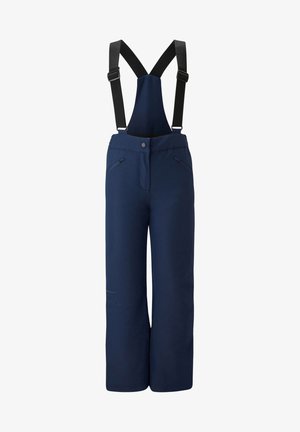 Marineblaue Schneehosen mit verstellbaren schwarzen Trägern, seitlichen Taschen mit schrägen Öffnungen und einer strapazierfähigen, glatten Stoffbeschaffenheit.